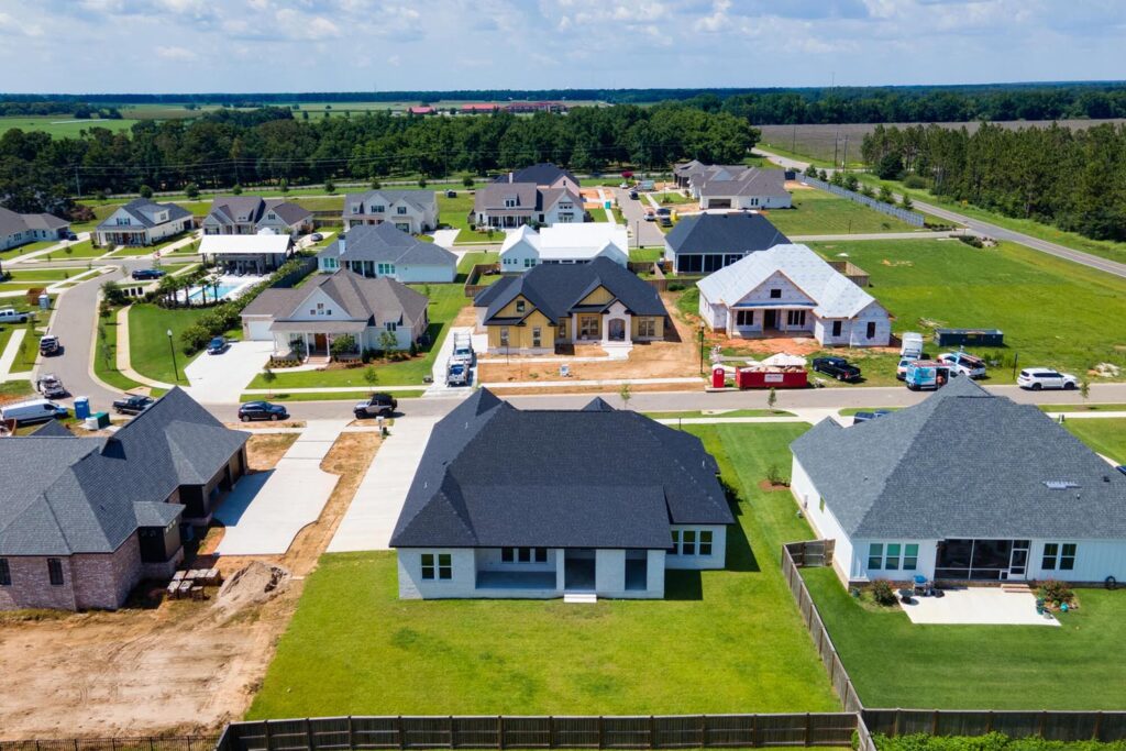 A bird's eye view of a neighborhood in construction